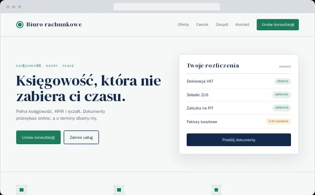 Podgląd strony biura rachunkowego w granacie i zieleni