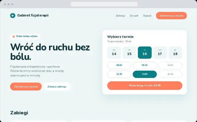 Podgląd strony gabinetu fizjoterapii z kalendarzem rezerwacji