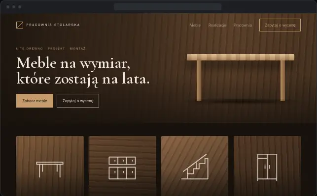 Podgląd ciemnej strony pracowni stolarskiej z katalogiem mebli